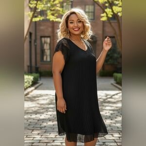 Rabbit Rabbit Rabbit black pleated mini dress with delicate lace crochet